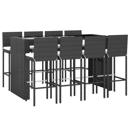 9-tlg. Gartenbar-Set mit Kissen Schwarz Poly Rattan