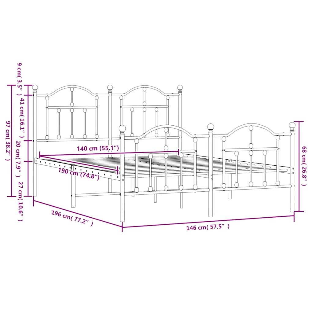 Bettgestell mit Kopf- und Fußteil Metall Weiß 140x190 cm