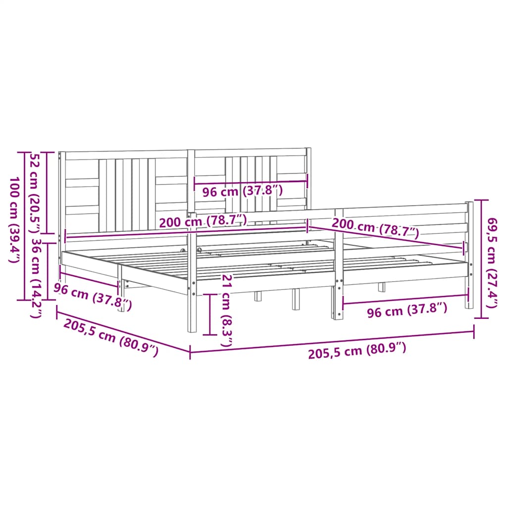 Massivholzbett mit Kopfteil Grau 200x200 cm