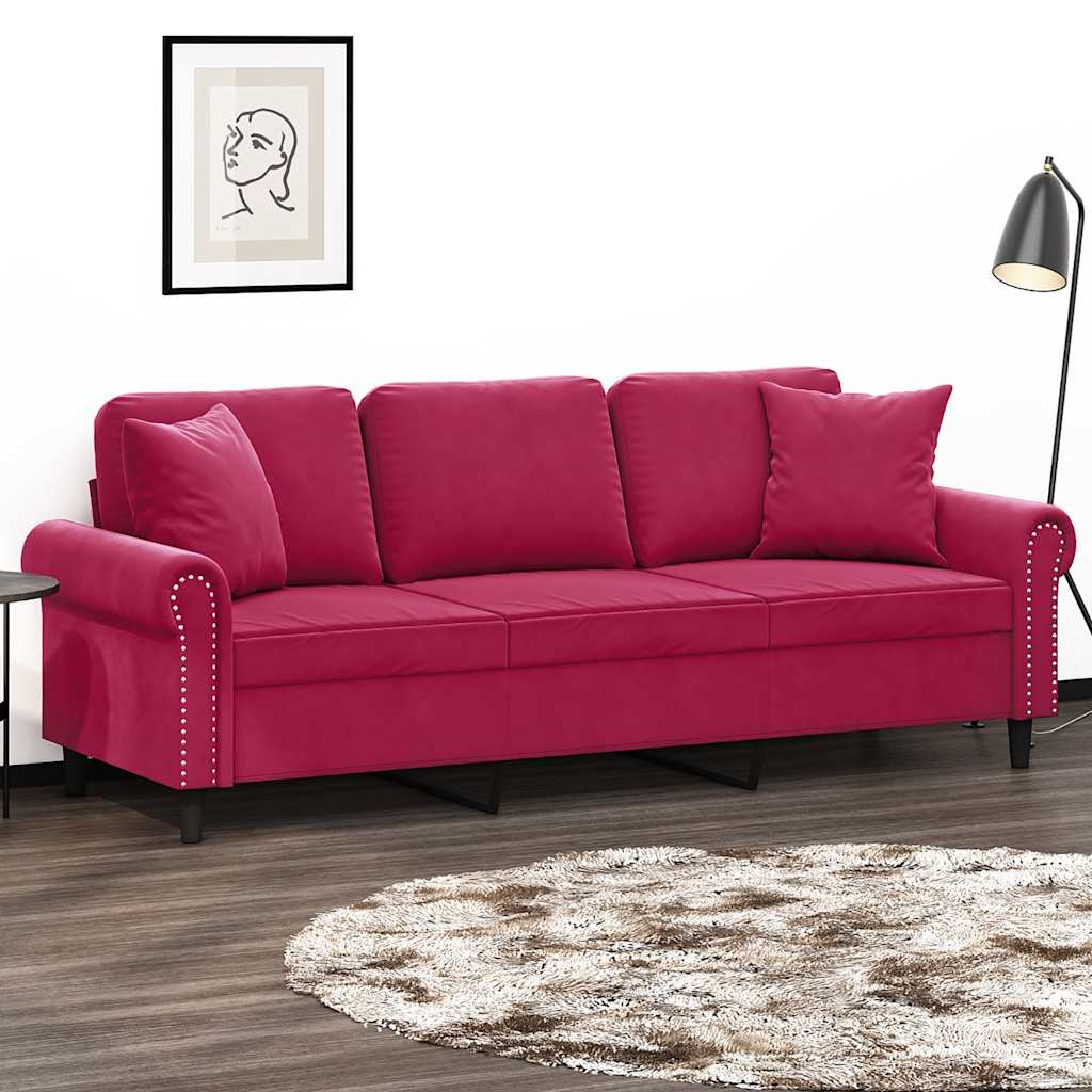 3-Sitzer-Sofa mit Zierkissen Weinrot 180 cm Samt