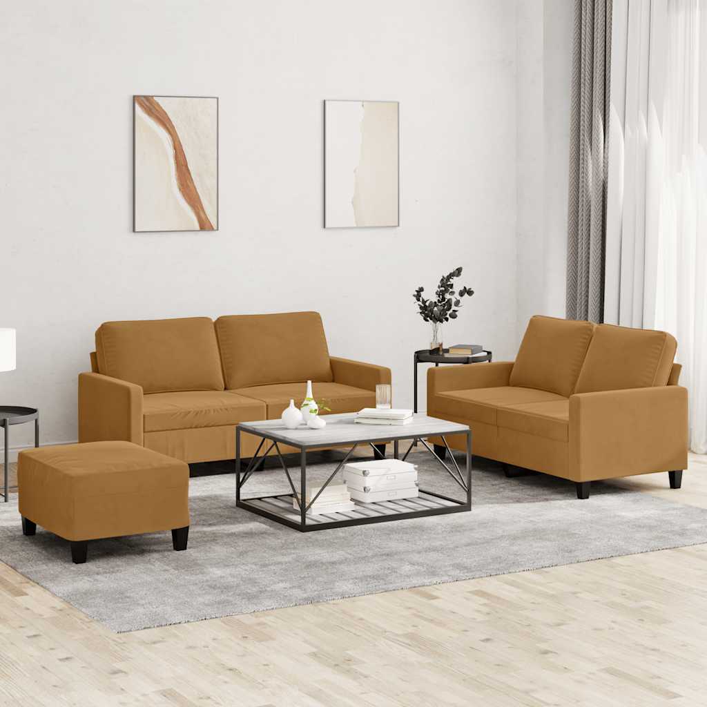 3-tlg. Sofagarnitur mit Kissen Braun Samt