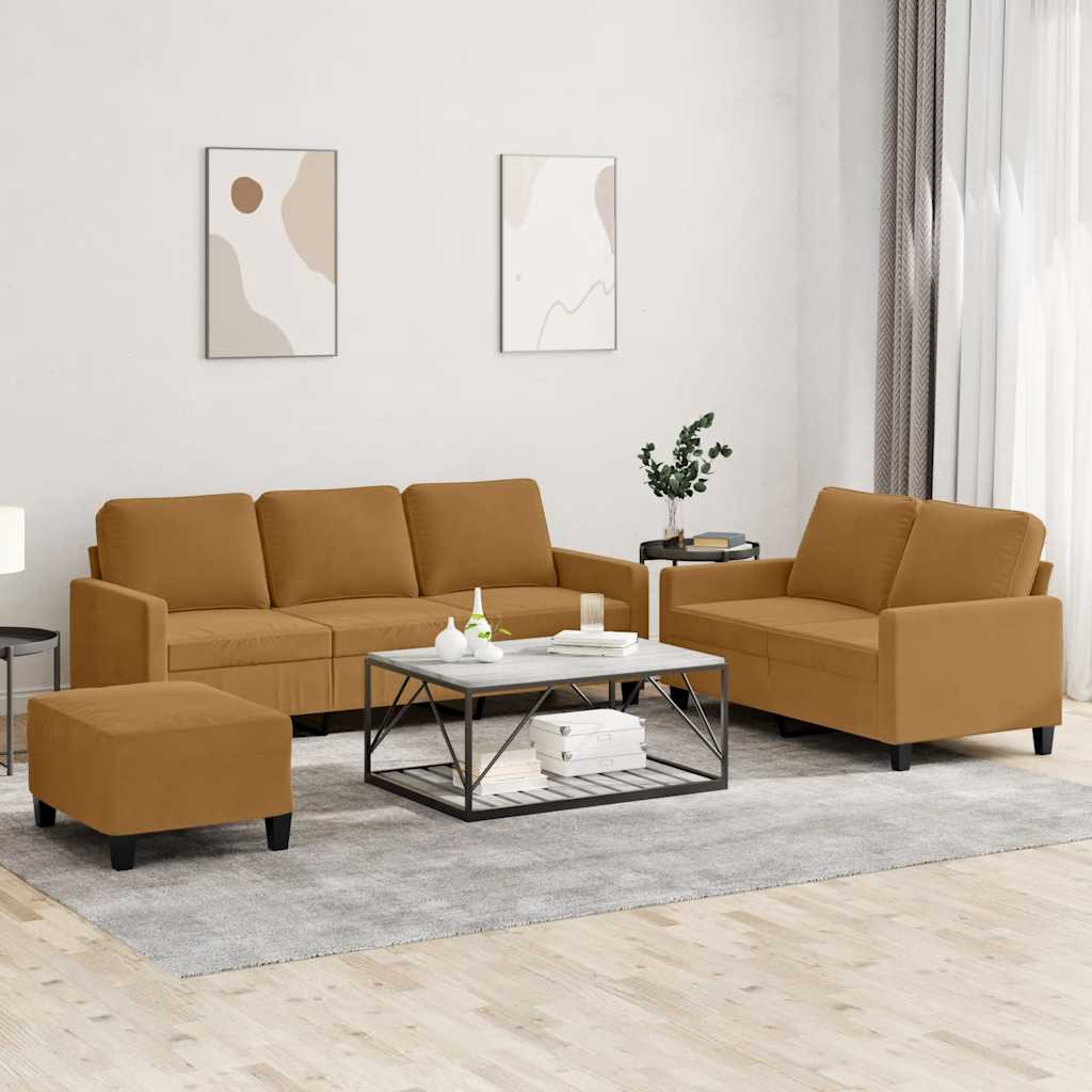 3-tlg. Sofagarnitur mit Kissen Braun Samt