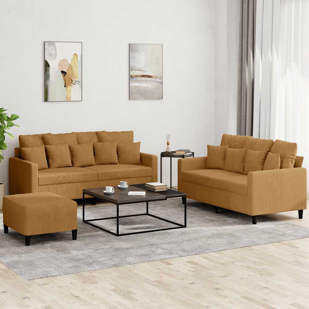 3-tlg. Sofagarnitur mit Kissen Braun Samt
