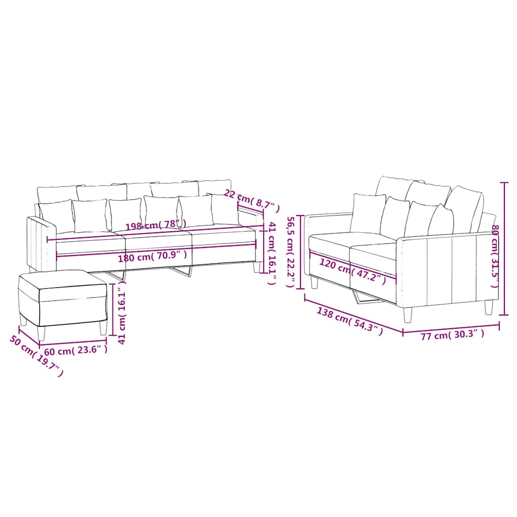 3-tlg. Sofagarnitur mit Kissen Creme Samt