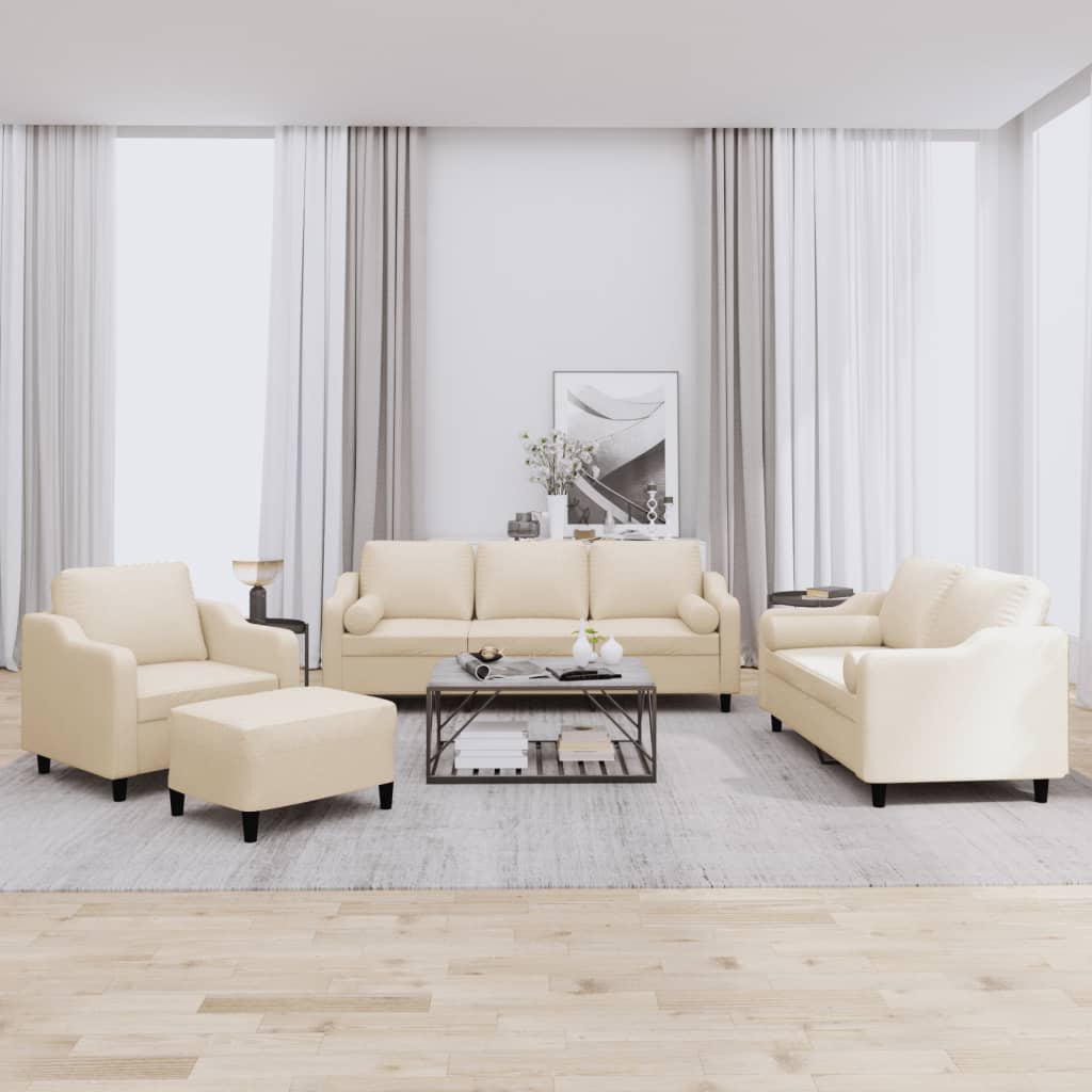 4-tlg. Sofagarnitur mit Kissen Creme Stoff