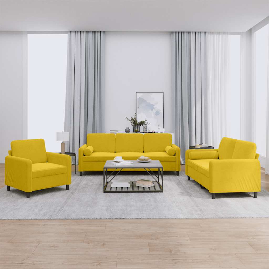 3-tlg. Sofagarnitur mit Kissen Gelb Samt