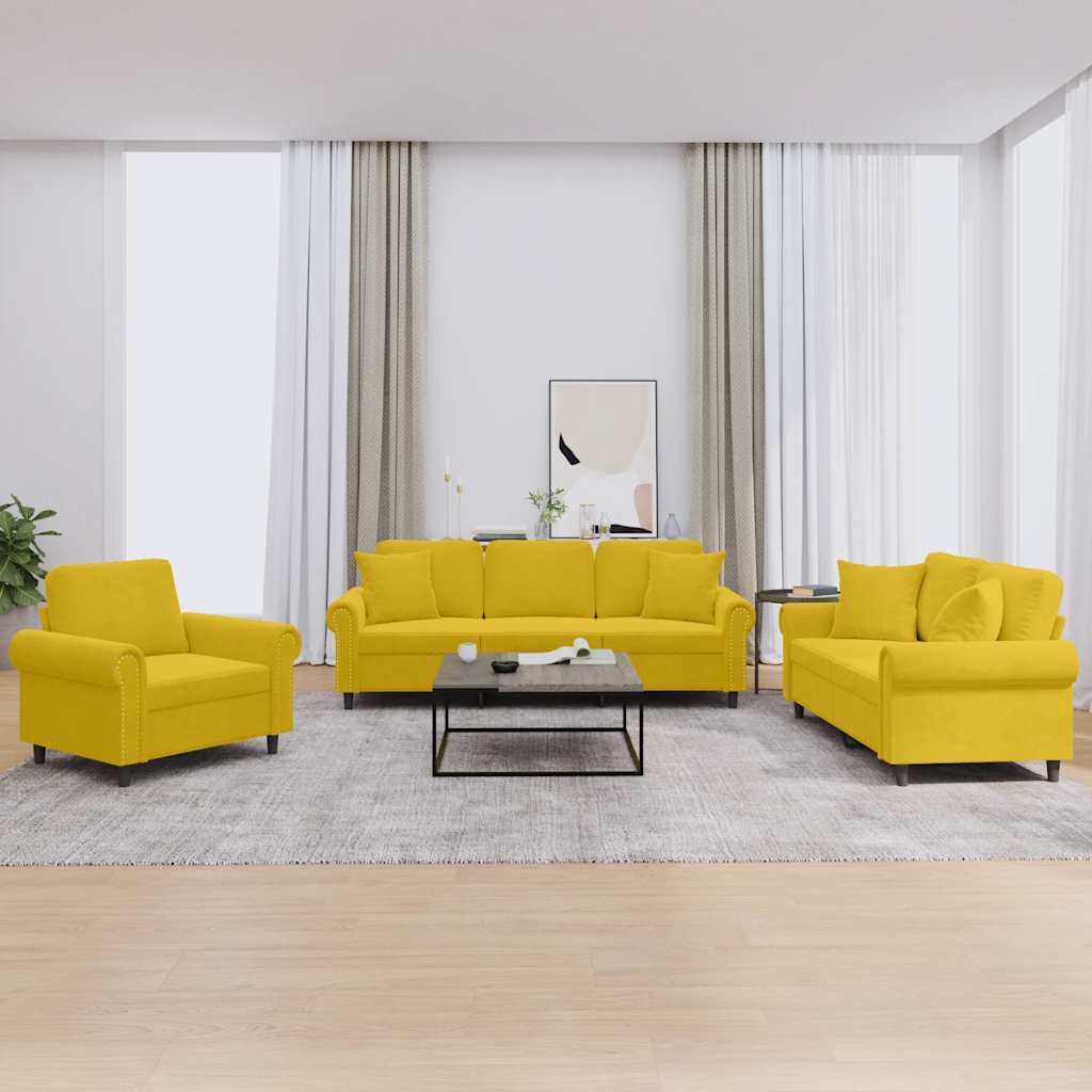 3-tlg. Sofagarnitur mit Kissen Gelb Samt