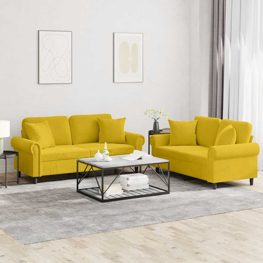 2-tlg. Sofagarnitur mit Kissen Gelb Samt