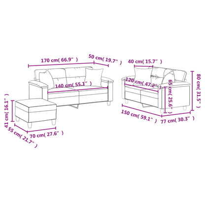3-tlg. Sofagarnitur mit Kissen Grau Kunstleder