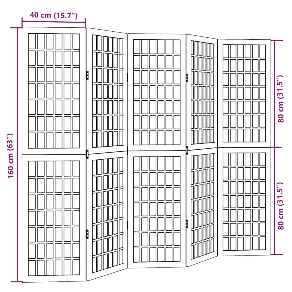 5-tlg. Paravent Schwarz Massivholz Paulownia