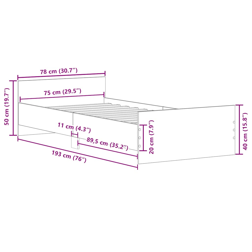 Bettgestell Grau Sonoma 75x190 cm Holzwerkstoff