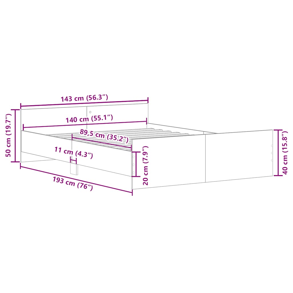 Bettgestell mit Kopf- und Fußteil Braun Eiche-Optik 140x190 cm