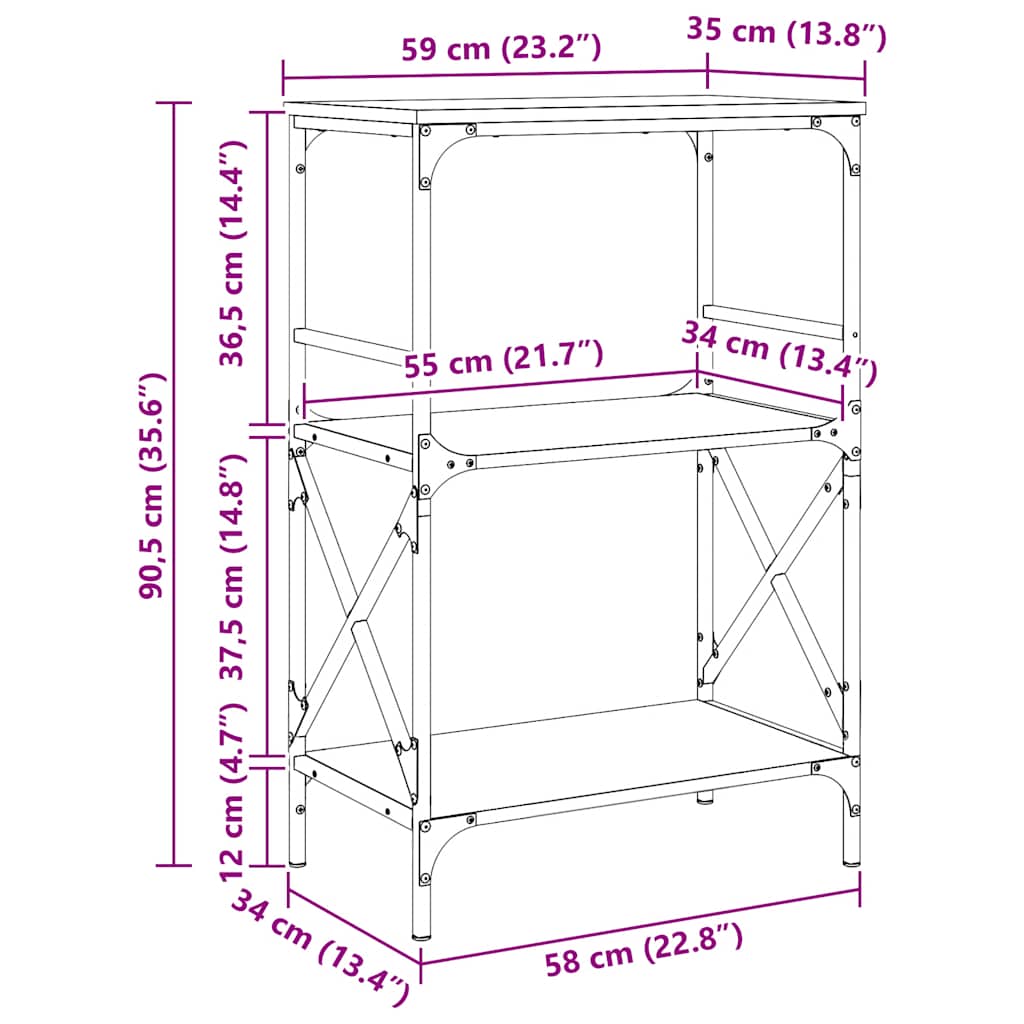 Bücherregal 3 Böden Grau Sonoma 59x35x90,5 cm Holzwerkstoff
