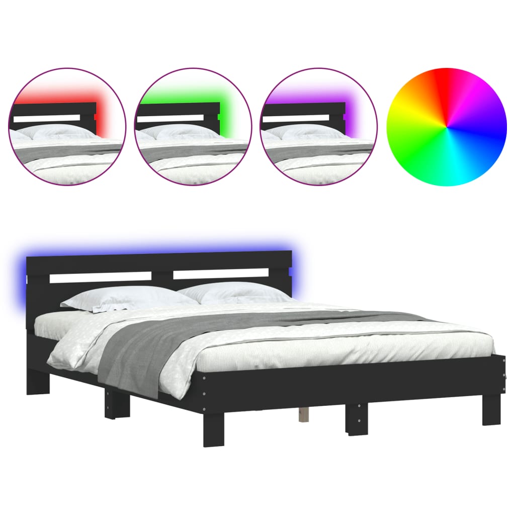Bettgestell mit Kopfteil LED-Beleuchtung Schwarz 140x190 cm
