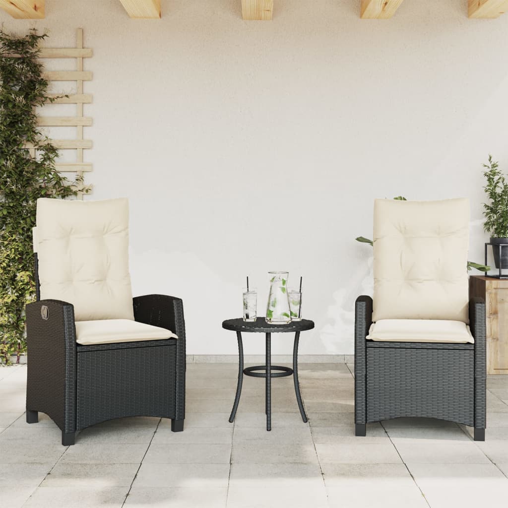 3-tlg. Bistro-Set mit Kissen Schwarz Poly Rattan