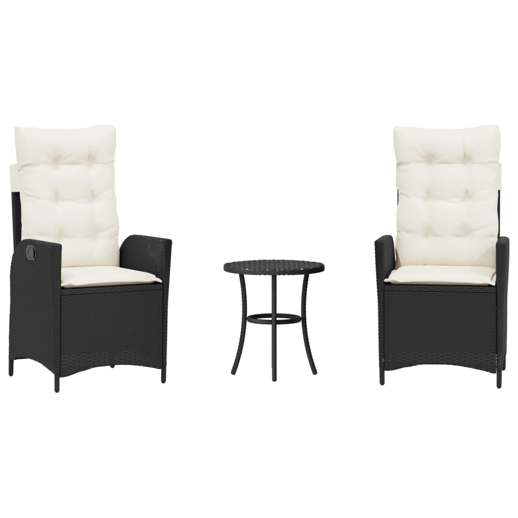 3-tlg. Bistro-Set mit Kissen Schwarz Poly Rattan