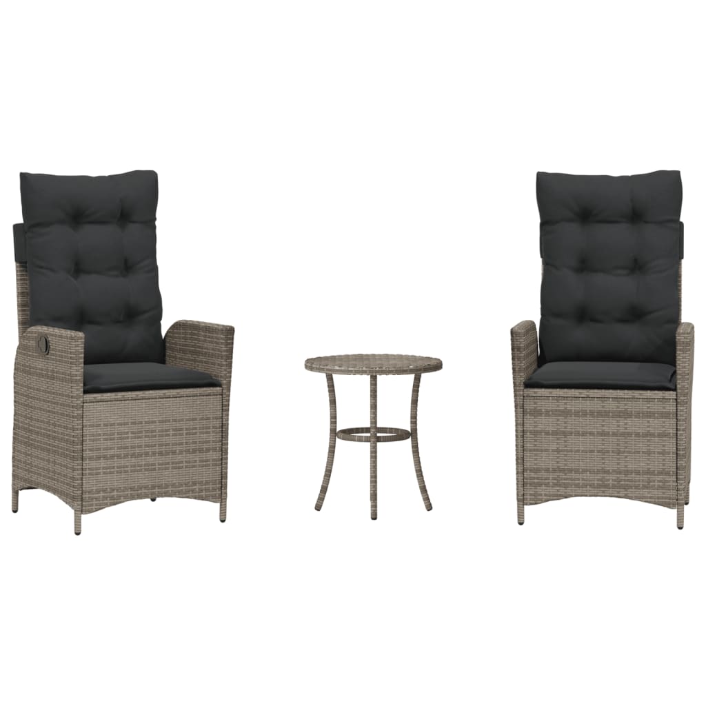 3-tlg. Bistro-Set mit Kissen Grau Poly Rattan