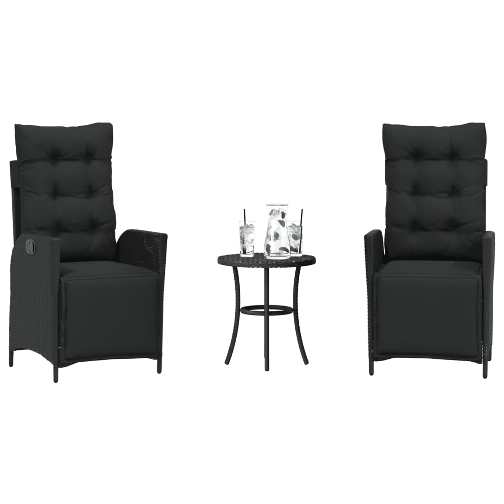 3-tlg. Bistro-Set mit Kissen Schwarz Poly Rattan