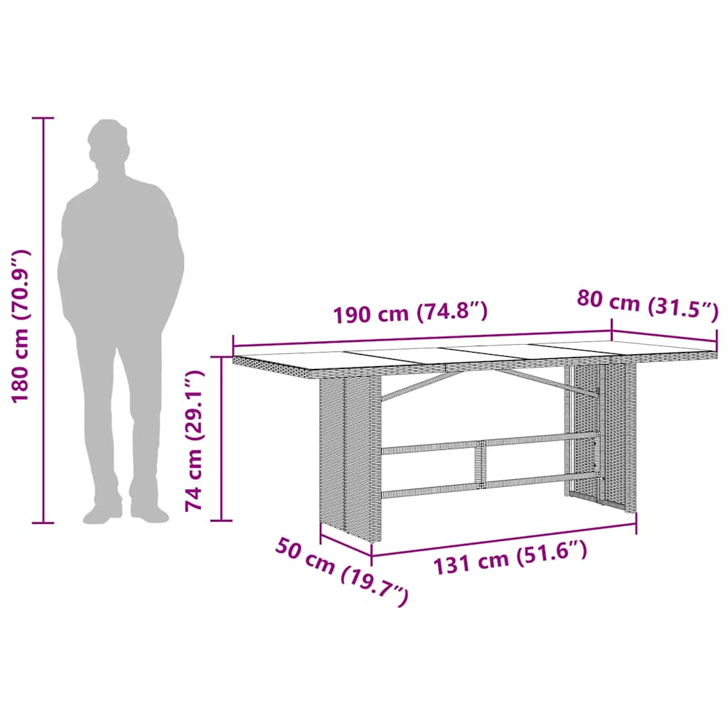 Gartentisch mit Glasplatte Schwarz 190x80x74 cm Poly Rattan