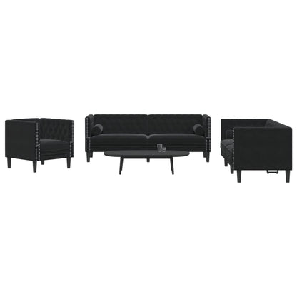 3-tlg. Chesterfield-Sofa-Set mit Nackenrollen Schwarz Samt