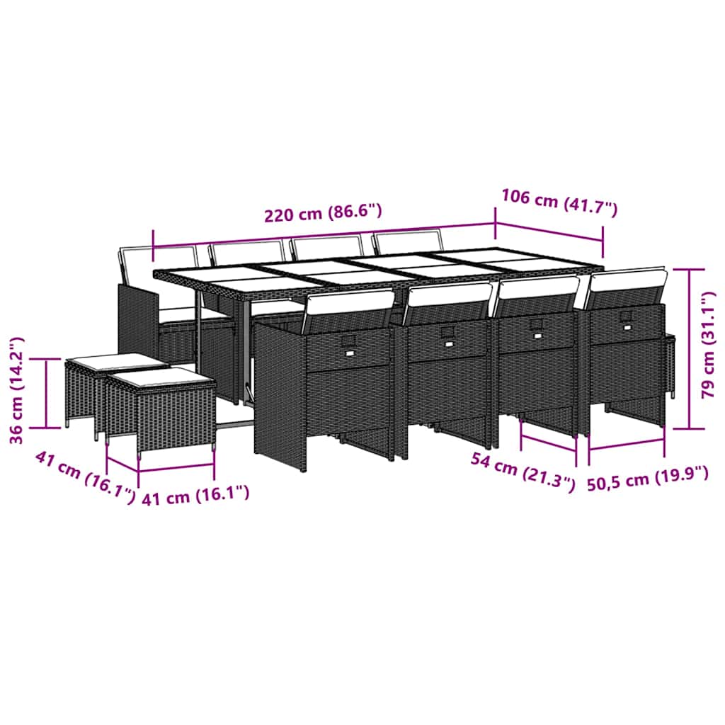 13-tlg. Garten-Essgruppe mit Kissen Schwarz Poly Rattan