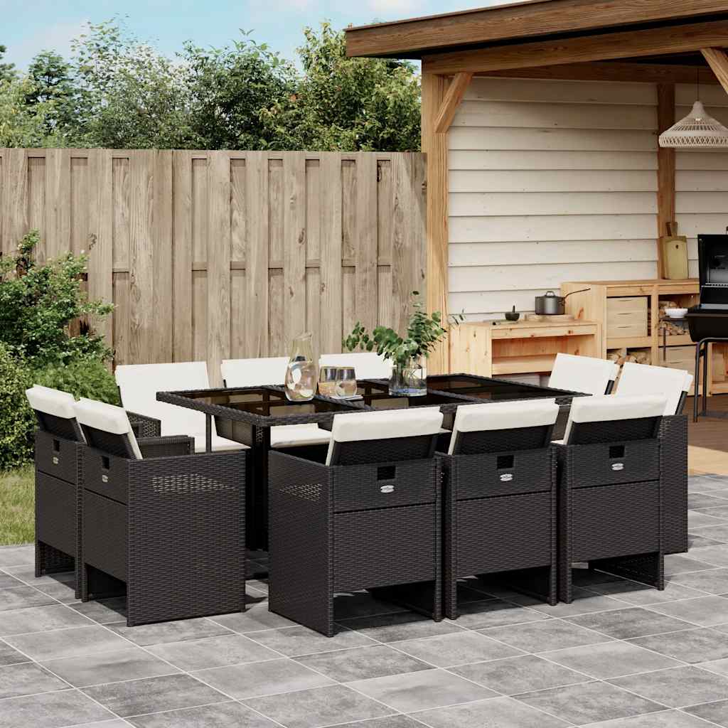 11-tlg. Garten-Essgruppe mit Kissen Schwarz Poly Rattan