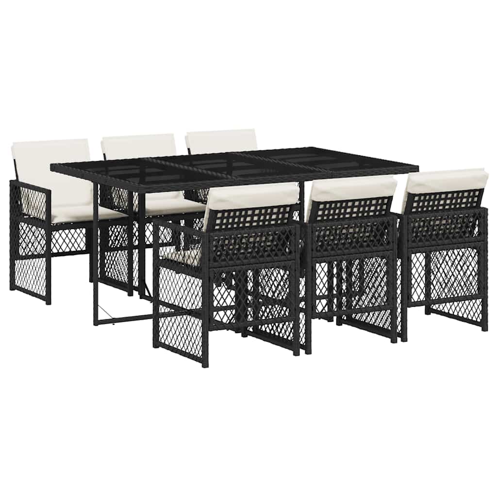 7-tlg. Garten-Essgruppe mit Kissen Schwarz Poly Rattan