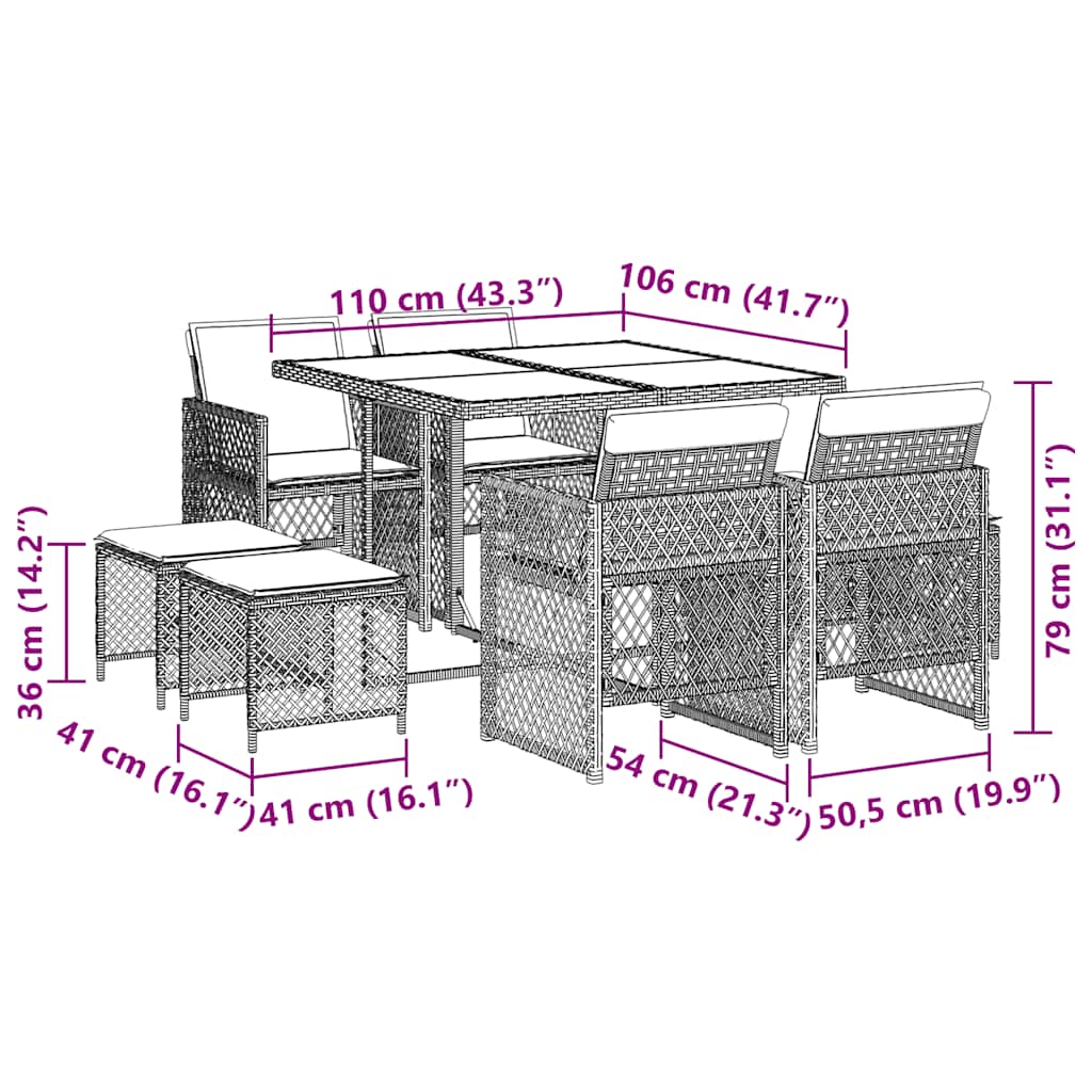9-tlg. Garten-Essgruppe mit Kissen Grau Poly Rattan