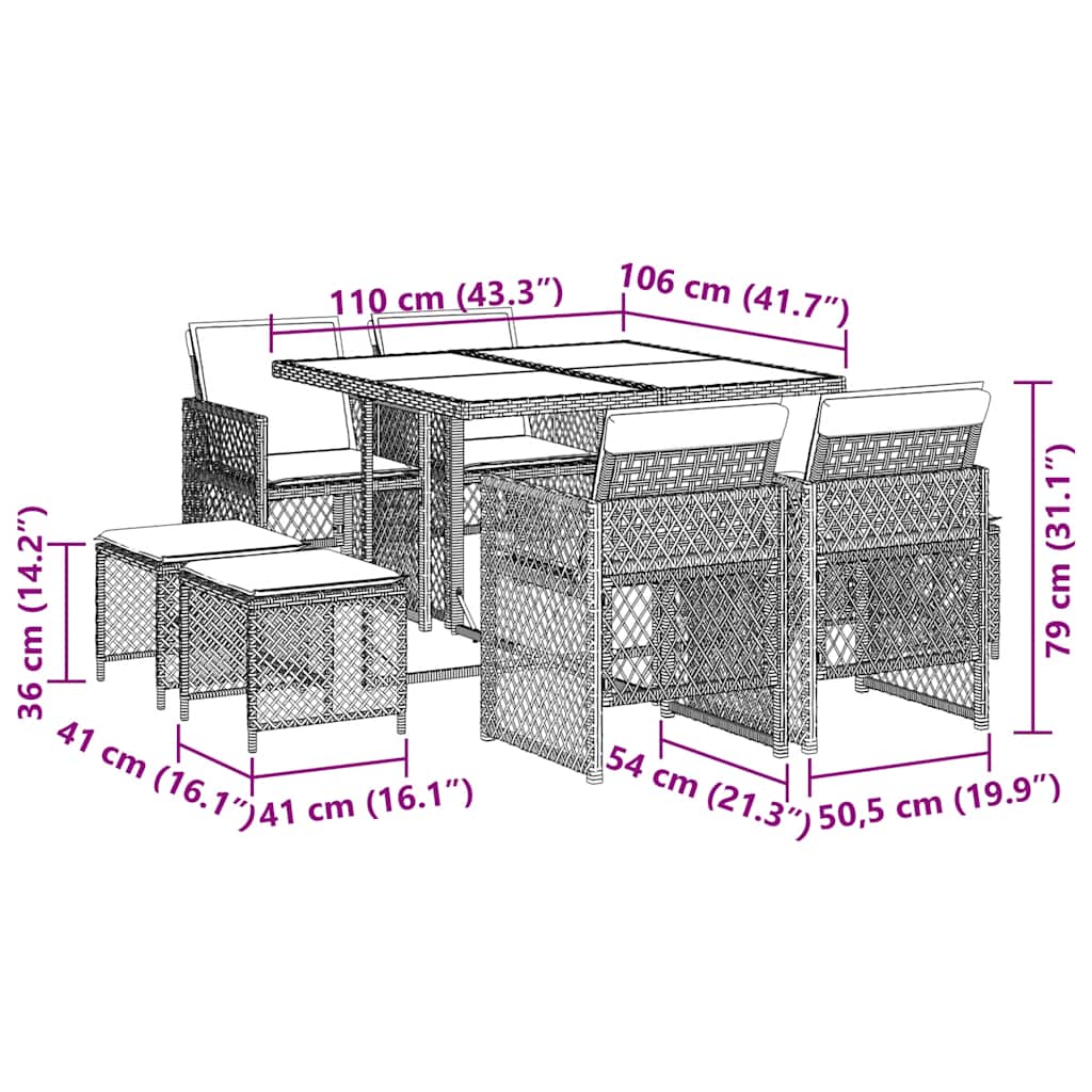 9-tlg. Garten-Essgruppe mit Kissen Beige Poly Rattan