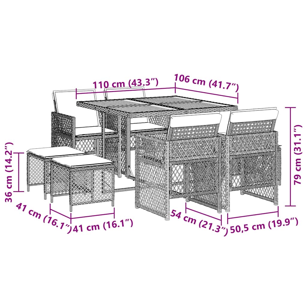 9-tlg. Garten-Essgruppe mit Kissen Schwarz Poly Rattan