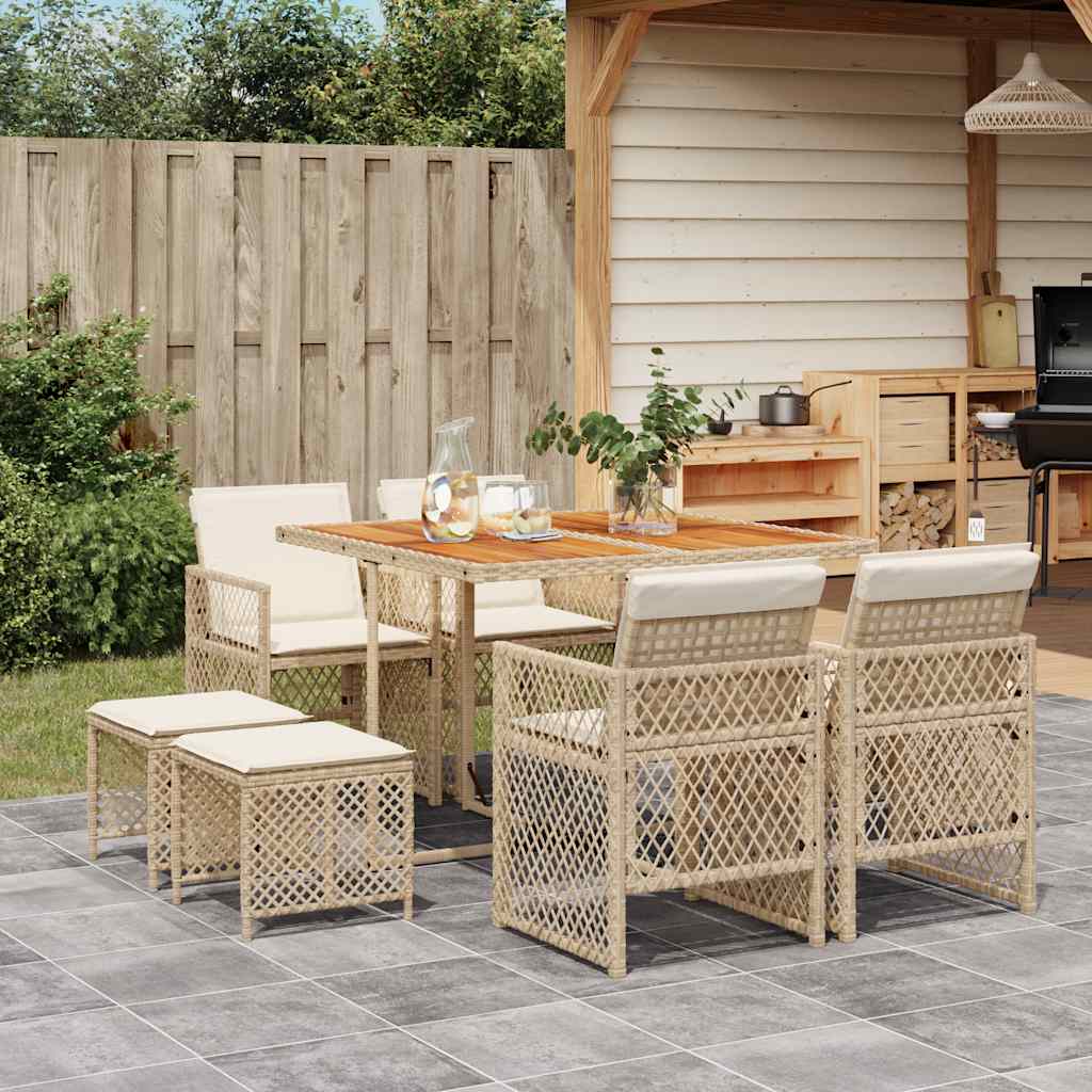9-tlg. Garten-Essgruppe mit Kissen Beige Poly Rattan