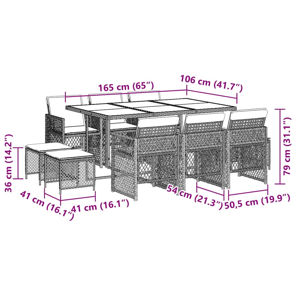 11-tlg. Garten-Essgruppe mit Kissen Schwarz Poly Rattan