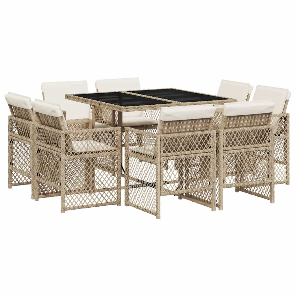 9-tlg. Garten-Essgruppe mit Kissen Beige Poly Rattan