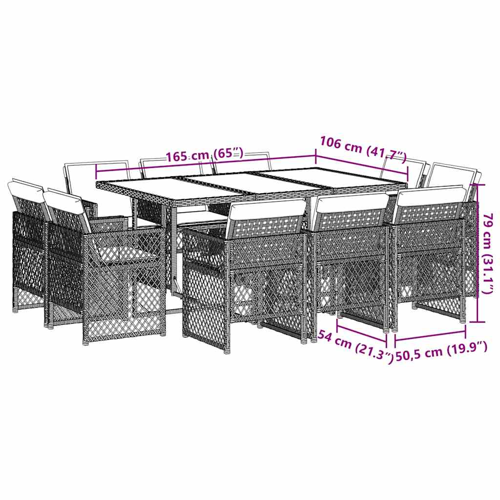 11-tlg. Garten-Essgruppe mit Kissen Schwarz Poly Rattan
