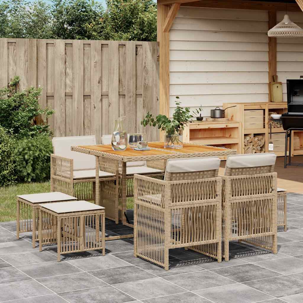 9-tlg. Garten-Essgruppe mit Kissen Beige Poly Rattan