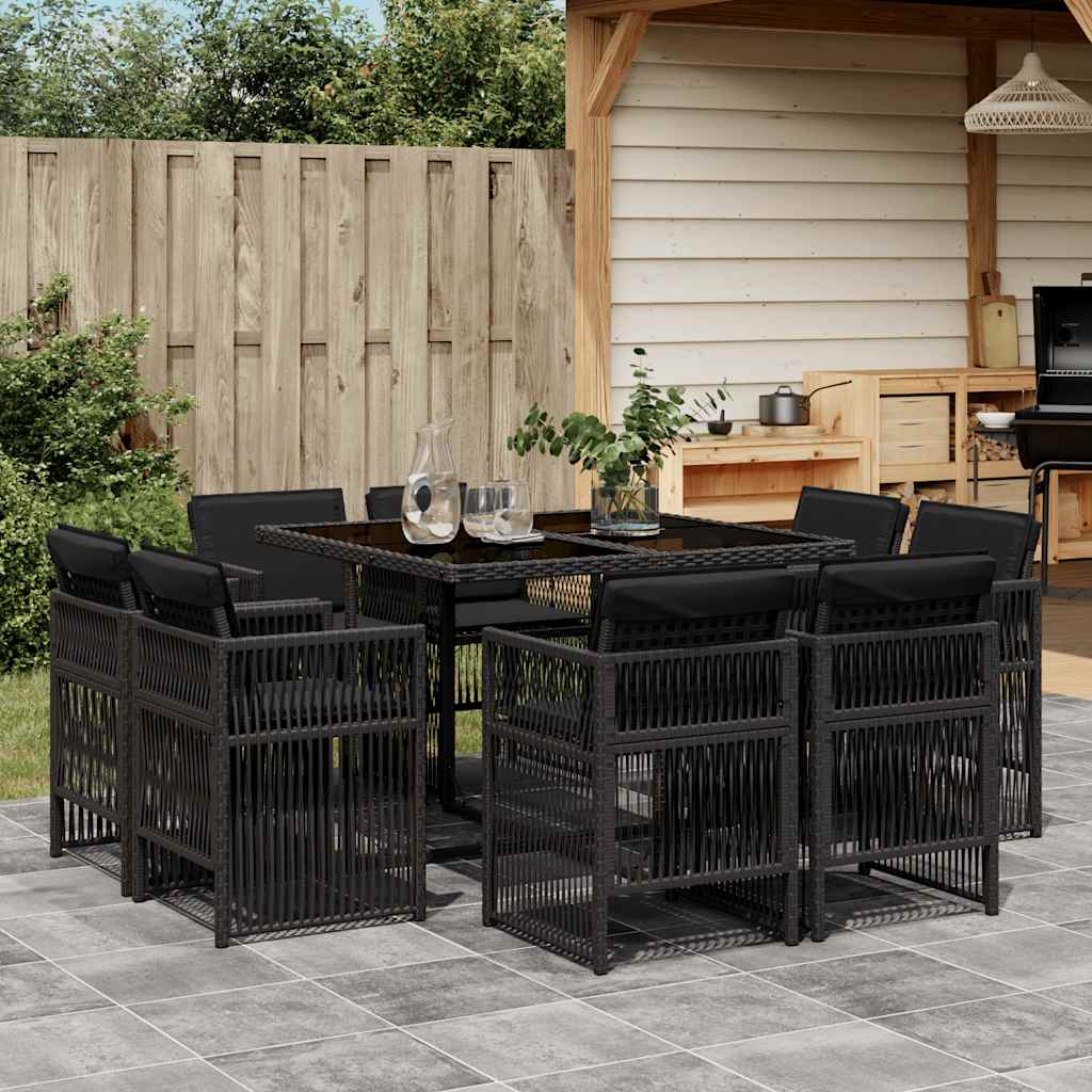 9-tlg. Garten-Essgruppe mit Kissen Schwarz Poly Rattan