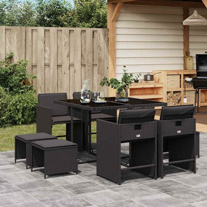 9-tlg. Garten-Essgruppe mit Kissen Schwarz Poly Rattan