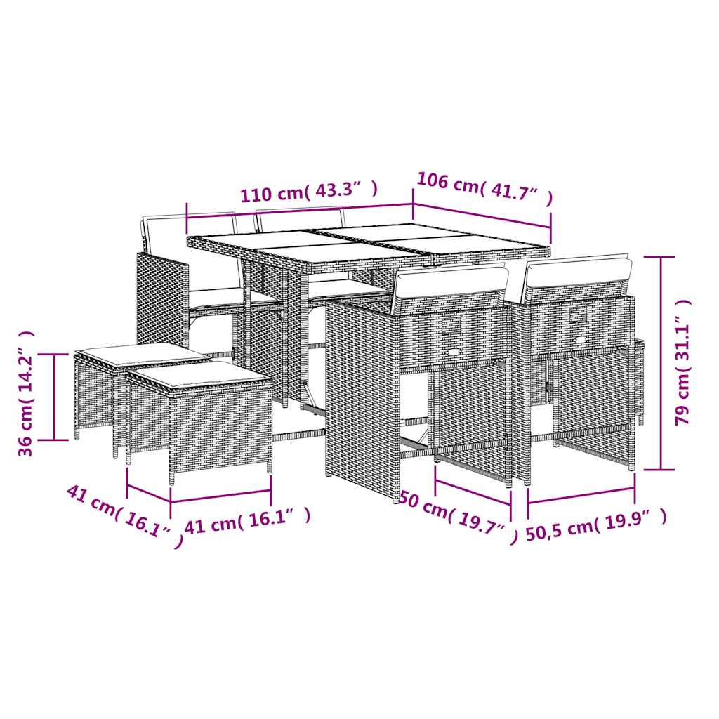 9-tlg. Garten-Essgruppe mit Kissen Braun Poly Rattan
