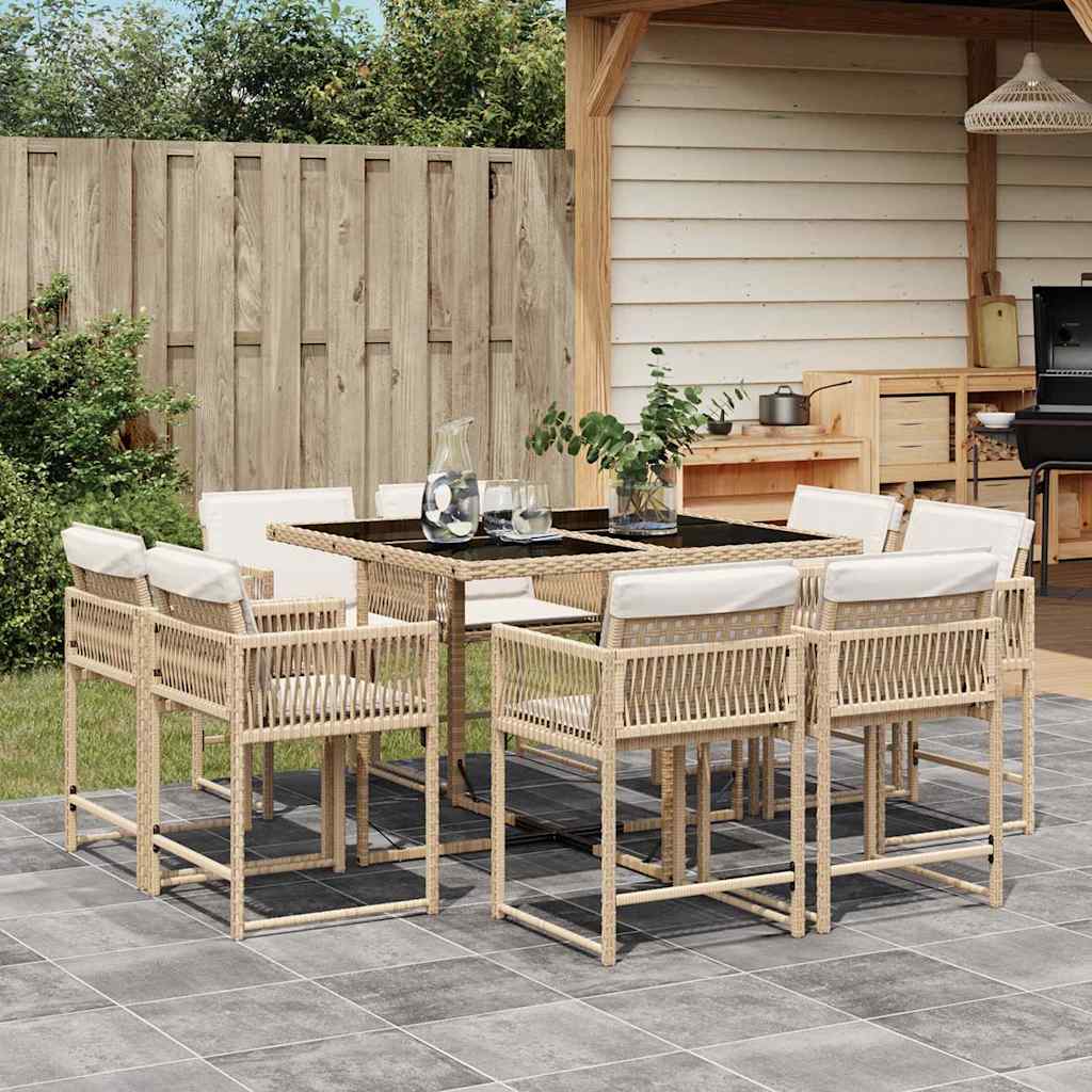 9-tlg. Garten-Essgruppe mit Kissen Beige Poly Rattan