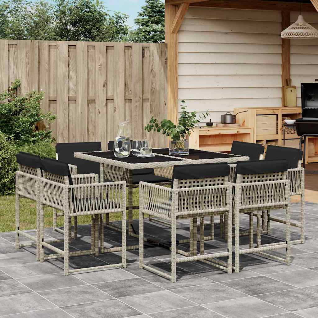 9-tlg. Garten-Essgruppe mit Kissen Hellgrau Poly Rattan