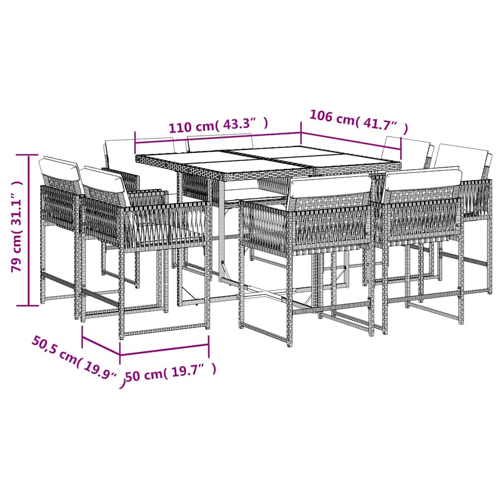 9-tlg. Garten-Essgruppe mit Kissen Grau Poly Rattan