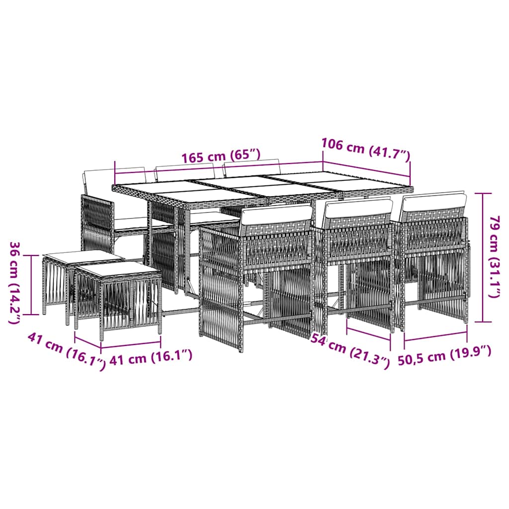 11-tlg. Garten-Essgruppe mit Kissen Schwarz Poly Rattan