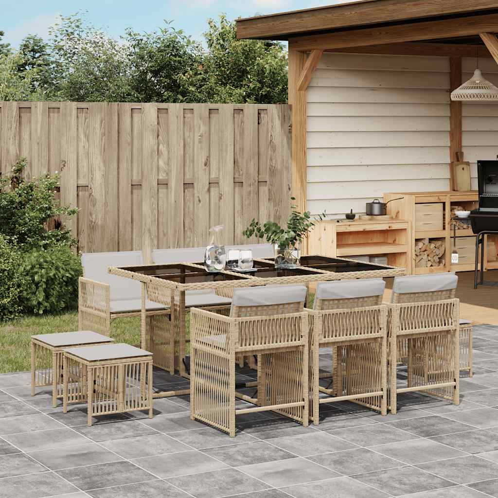 11-tlg. Garten-Essgruppe mit Kissen Beige Poly Rattan
