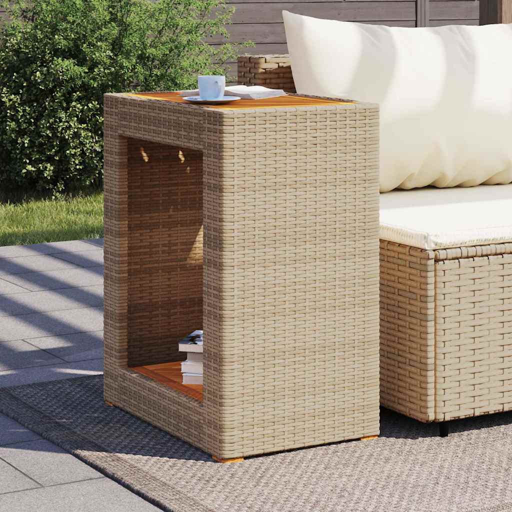 Garten-Beistelltisch mit Holzplatte Beige Poly Rattan