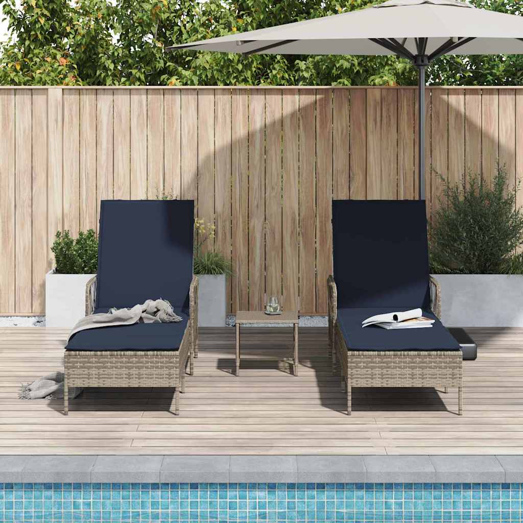 Sonnenliege mit Kissen 3 pcs Grau und Marineblau Poly-Rattan
