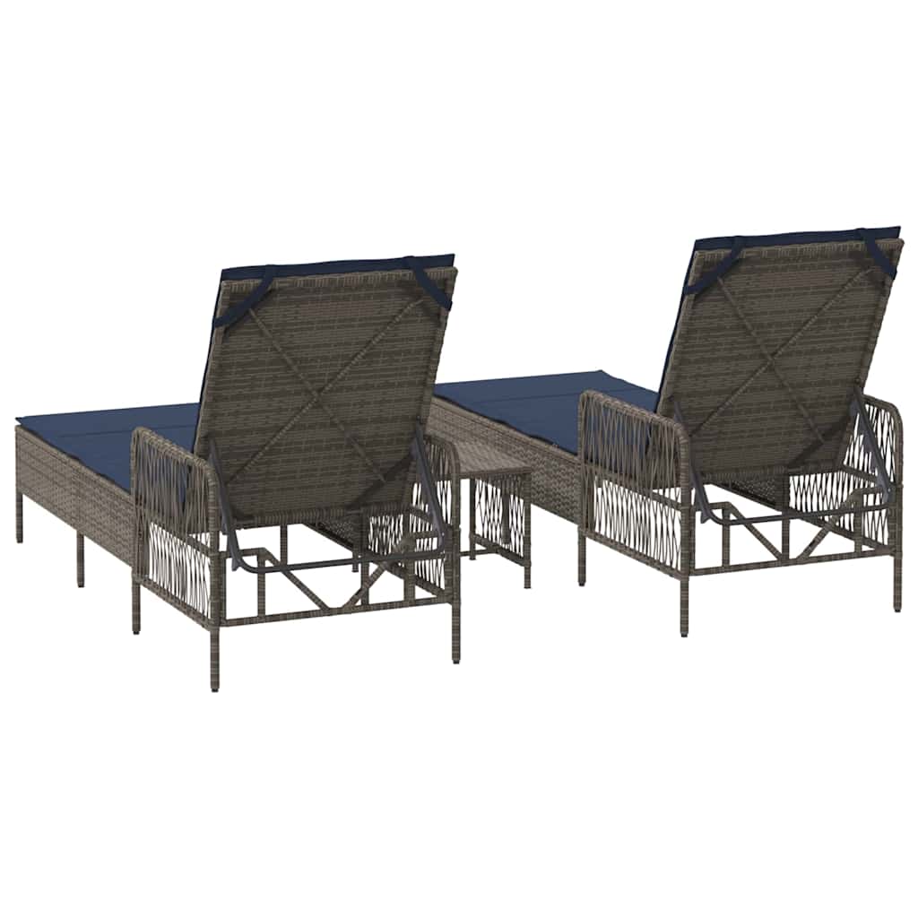 Sonnenliege mit Kissen 3 pcs Grau und Marineblau Poly-Rattan