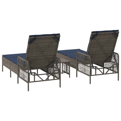 Sonnenliege mit Kissen 3 pcs Grau und Marineblau Poly-Rattan