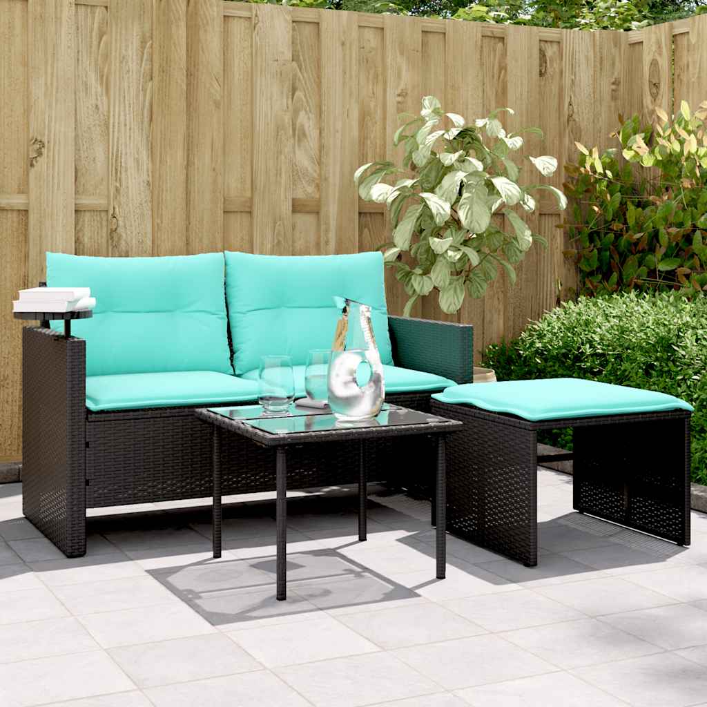 3-teiliges Gartensofa-Set mit Kissen, schwarzes Polyrattan