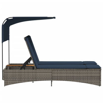 Doppel-Sonnenliege mit Dach und Kissen Grau Poly Rattan