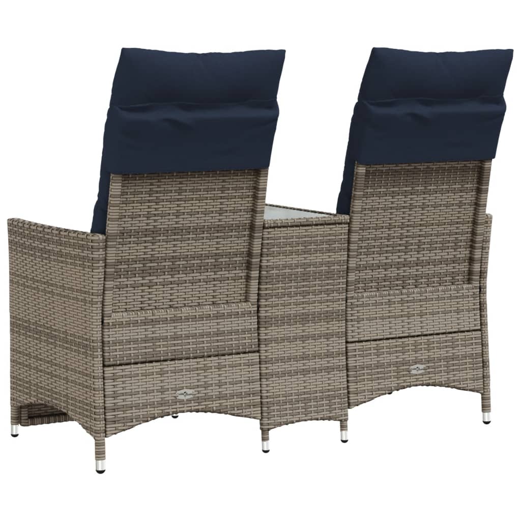 Gartensofa Verstellbar 2-Sitzer mit Tisch Grau Poly Rattan